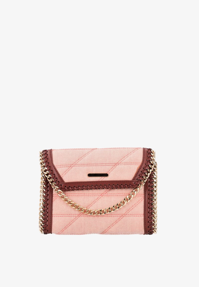 Rosa canvas håndtaske med et quiltet mønster, brune læderdetaljer, guldkæde-rem og rektangulær form.