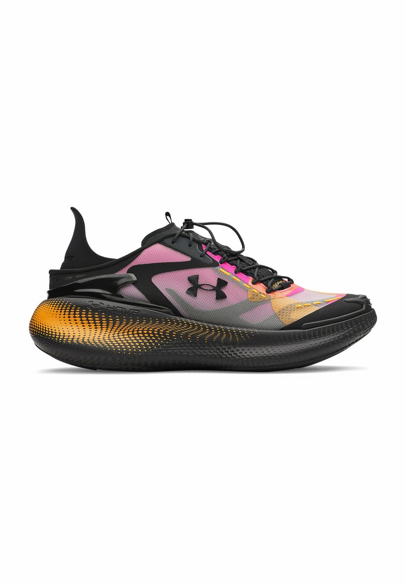 Black and pink athletic shoes with a mesh upper, black laces, and contrasting orange gradient sole featuring dotted texture and patterns.