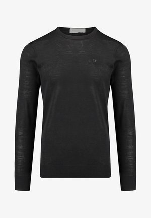 Suéter negro de manga larga hecho de tela ligera y texturizada. Cuenta con cuello redondo y un sutil detalle de logo en el pecho.
