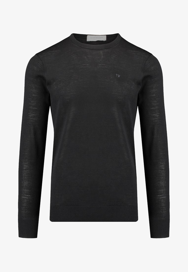 Sort langærmet sweater lavet af let, struktureret stof. Har rund hals og diskret logo på brystet.