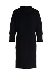 Schwarzes Kleid mit Rundhalsausschnitt, dreiviertelärmeln und strukturiertem Stoff. Gerade Silhouette, knielanges Design, minimale Details.