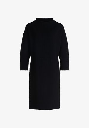 Schwarzes Kleid mit Rundhalsausschnitt, dreiviertelärmeln und strukturiertem Stoff. Gerade Silhouette, knielanges Design, minimale Details.