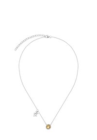 Srebrny naszyjnik z centralnym żółtym kamieniem, okrągły wzór, delikatny łańcuszek oraz mały charms w kształcie gwiazdki. Regulowana długość.