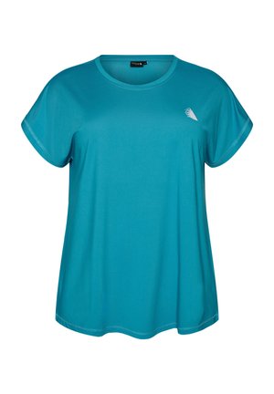 Modré športové tričko s krátkym rukávom, okrúhlym výstrihom a malým bielym abstraktným logom na ľavej strane hrudníka.