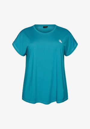 Blaues kurzärmeliges Sport-T-Shirt mit rundem Ausschnitt und kleinem weißem abstraktem Logo auf der linken Brust.