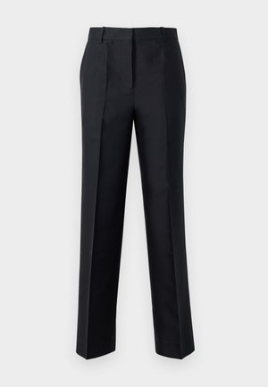 Schwarze Hose mit geradem Schnitt, glatter Textur und unsichtbarem Reißverschluss. Mit Falten für zusätzlichen Stil und einen maßgeschneiderten Look.