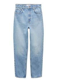 Jean en denim bleu clair taille haute à jambes droites avec poches avant, passants pour ceinture et fermeture par bouton.