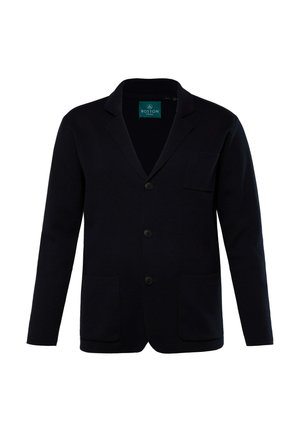 Blazer blu navy con una vestibilità slim, caratterizzato da un rever a punta, tre bottoni, una tasca frontale e due tasche laterali. Texture del tessuto morbida.