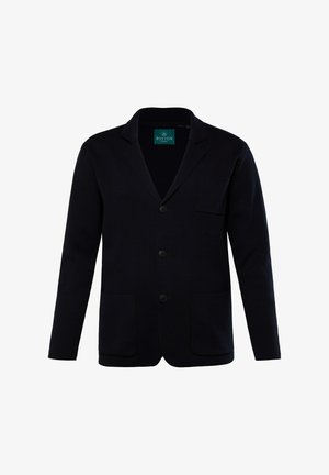 Blazer marine ajusté, avec un revers en notch, trois boutons, une poche frontale et deux poches latérales. Texture de tissu douce.