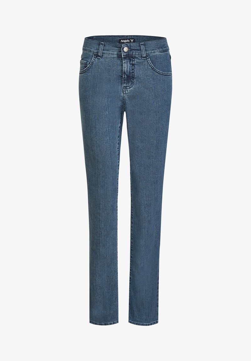 Jeans skinny blu in denim con design a cinque tasche standard, dotati di zip e chiusura con bottone. Texture e dettagli di cucitura sottili.