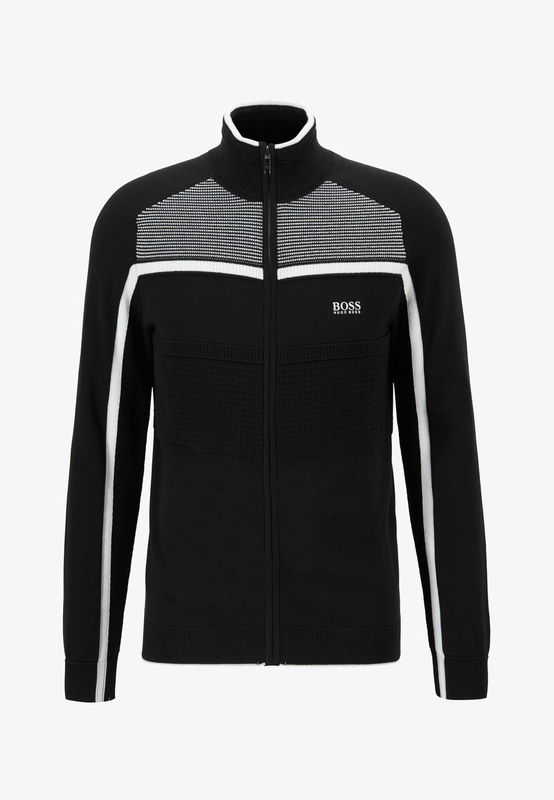 Pull noir zippé avec des bandes blanches aux épaules et aux manches, panneaux en maille texturée et logo "BOSS HUGO BOSS" sur la poitrine.