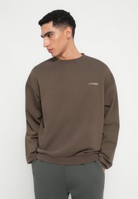 Brown sweatshirt with a crew neckline and long sleeves. Features a subtle logo embroidered on the chest. Soft, textured fabric.