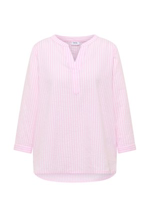 Blouse à manches longues rayée verticalement rose clair et blanc, avec un col rond, une courte fente à l'avant, des manches avec poignets et un ourlet légèrement arrondi.