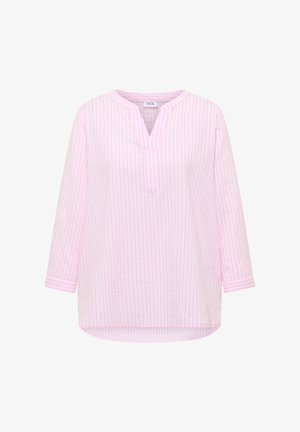 Blouse à manches longues rayée verticalement rose clair et blanc, avec un col rond, une courte fente à l'avant, des manches avec poignets et un ourlet légèrement arrondi.