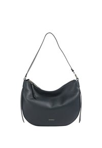 Leren hobo tas in donker marineblauw met een gladde textuur, ronde vorm, bovenste ritsluiting en een afneembare schouderriem. Gouden logo detail zichtbaar.