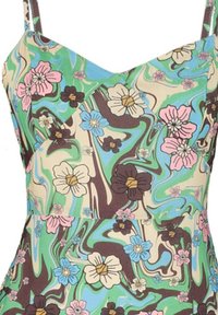 Robe sans manches à motif floral avec des tourbillons et des fleurs vertes, bleues, beige, roses et marron, dotée de fines bretelles et d'un décolleté en V.