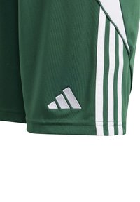 Gröna sportshorts med vita detaljer, med tre vita vertikala ränder och en vit Adidas-logotyp på den nedre vänstra sidan.