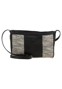 Borsa a tracolla rettangolare nera e beige in tessuto intrecciato, con tasca frontale in pelle nera e spallaccio regolabile.