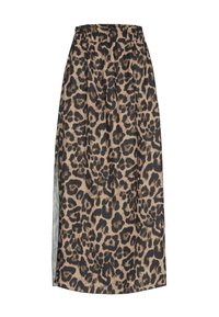 Fustă maxi cu imprimeu de leopard, confecționată dintr-un material ușor, având un buzunar elastic și o fanta laterală pentru ușurința mișcării. Tonuri de maroniu și negru.
