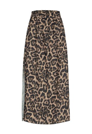 Maxi suknja s leopard printom izrađena od lagane tkanine, s elastičnim pojasom i bočnim prorezom za lakoću kretanja. Smeđe i crne nijanse.