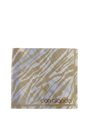 Pañuelo cuadrado beige y blanco con rayas abstractas similares a cebra y el logo "don algodon" impreso en la esquina.