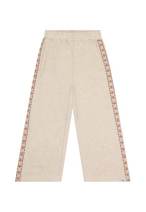 Beige broek met wijd uitlopende pijpen, een elastische tailleband en zijzakken, voorzien van decoratieve patroonstrepen langs de buitennaad.