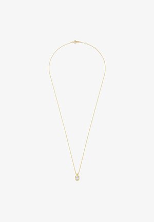 Collier en chaîne dorée avec un petit pendentif ovale orné d'une pierre précieuse transparente, mettant en avant une finition polie et un design délicat.