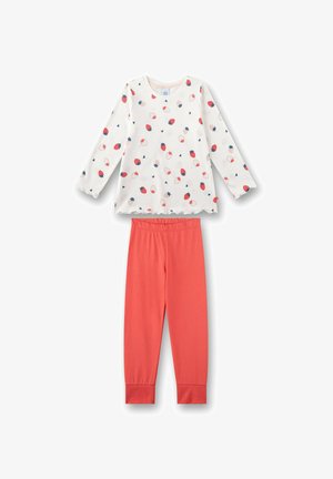 Maglietta bianca a maniche lunghe con motivo di fragole rosse e blu navy, abbinata a leggings corallo con vita elastica e polsini aderenti.