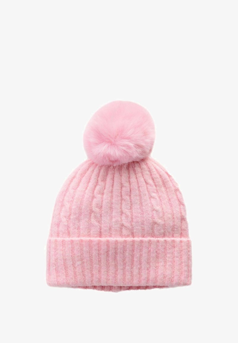 Cappello lavorato a maglia di colore rosa con un motivo a treccia, texture a coste e un morbido pom-pom soffice sulla sommità. Realizzato in materiale caldo e accogliente.