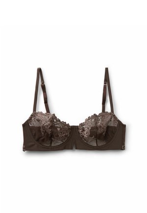 Sujetador marrón oscuro con aro, tirantes ajustables y detalles de malla floral en las copas.