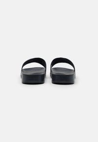 Sandali neri slip-on con cinturini larghi, suole piatte e una texture liscia. Design minimalista senza motivi visibili o dettagli hardware.