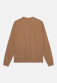 Felpa marrone con texture a coste, maniche lunghe e scollo rotondo. Presenta un orlo aderente e dettagli di cuciture minime.