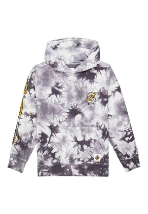 Szara i biała bluza z kapturem z efektem tie-dye, z przednią kieszenią, ozdobiona grafikami planet na piersi i rękawie, wykonana z miękkiego materiału.