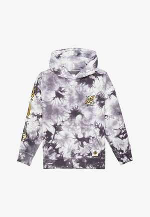 Sweat à capuche tie-dye gris et blanc avec une poche avant, ornée de motifs de planètes sur la poitrine et la manche, fabriqué en tissu doux.