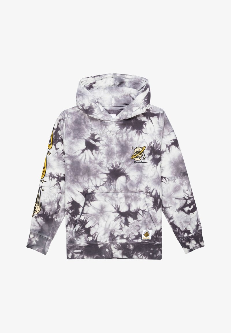 Sweat à capuche tie-dye gris et blanc avec une poche avant, ornée de motifs de planètes sur la poitrine et la manche, fabriqué en tissu doux.