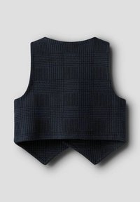 Navyblauer Weste mit kariertem Muster, aus strukturiertem Stoff. Verfügt über einen einzigartigen V-förmigen Saum auf der Rückseite. Glatte Oberfläche, keine sichtbaren Verschlüsse.