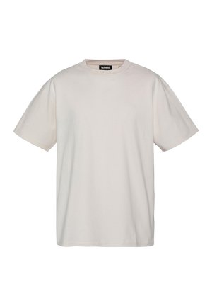 T-shirt in cotone beige chiaro con collo a giro e maniche corte, vestibilità ampia e logo discreto sul petto. Texture morbida e design semplice.