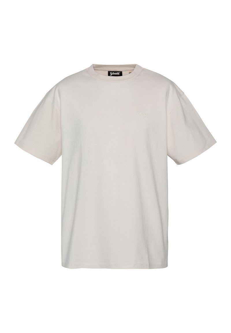 T-shirt in cotone beige chiaro con collo a giro e maniche corte, vestibilità ampia e logo discreto sul petto. Texture morbida e design semplice.