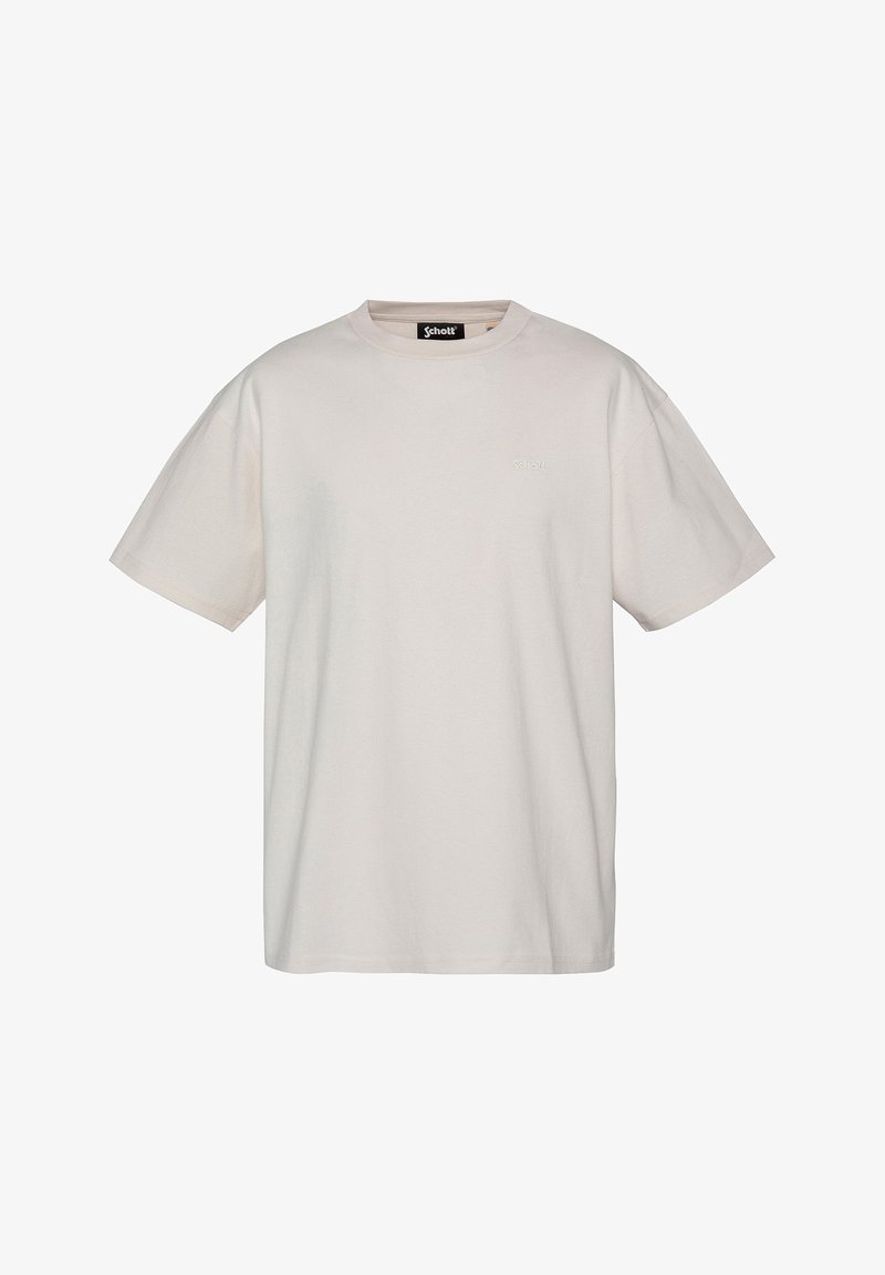 T-shirt in cotone beige chiaro con collo a giro e maniche corte, vestibilità ampia e logo discreto sul petto. Texture morbida e design semplice.