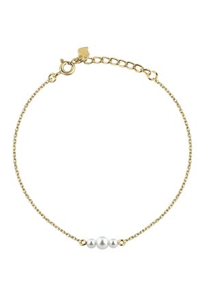 Feines goldenes Kettenarmband mit drei weißen Perlen in der Mitte, verstellbarem Verschluss und Verlängerungskettchen.