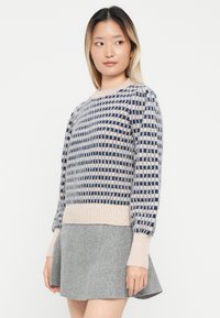 Strickpullover in Beige und Marineblau mit einem Rautenmuster. Verfügt über gerippte Bündchen und Saum. Kombiniert mit einem grauen Rock aus weichem Stoff.