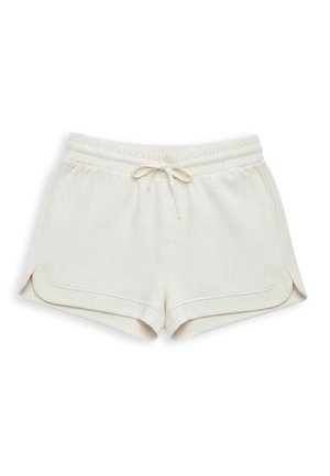 Shorts beige chiaro in tessuto morbido, con vita elastica e coulisse, spacchi laterali e dettagli di cucitura discreti.