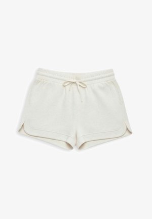 Lichtbeige shorts van zachte stof, met een elastische tailleband met trekkoord, zijslitten en subtiele stiksel details.