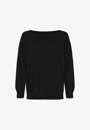 Sort oversized sweater med bred halsudskæring, lange ærmer og ribbede manchetter og kant. Teksturen ser blød og strikket ud.