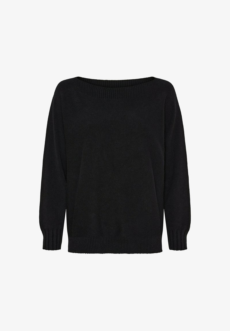 Sort oversized sweater med bred halsudskæring, lange ærmer og ribbede manchetter og kant. Teksturen ser blød og strikket ud.