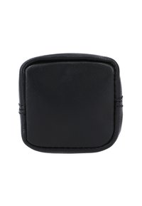 Black leather pouch with a smooth texture, square shape, and slightly rounded edges; features visible stitching along the seams.