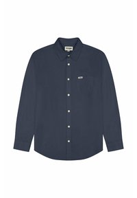 Camicia a maniche lunghe blu navy in tessuto liscio con colletto button-down, bottoni in madreperla e una singola tasca sul petto con etichetta del logo.