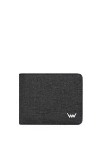 Gray fabric wallet with a smooth texture, rectangular shape, rounded edges, and a white logo in the bottom right corner.