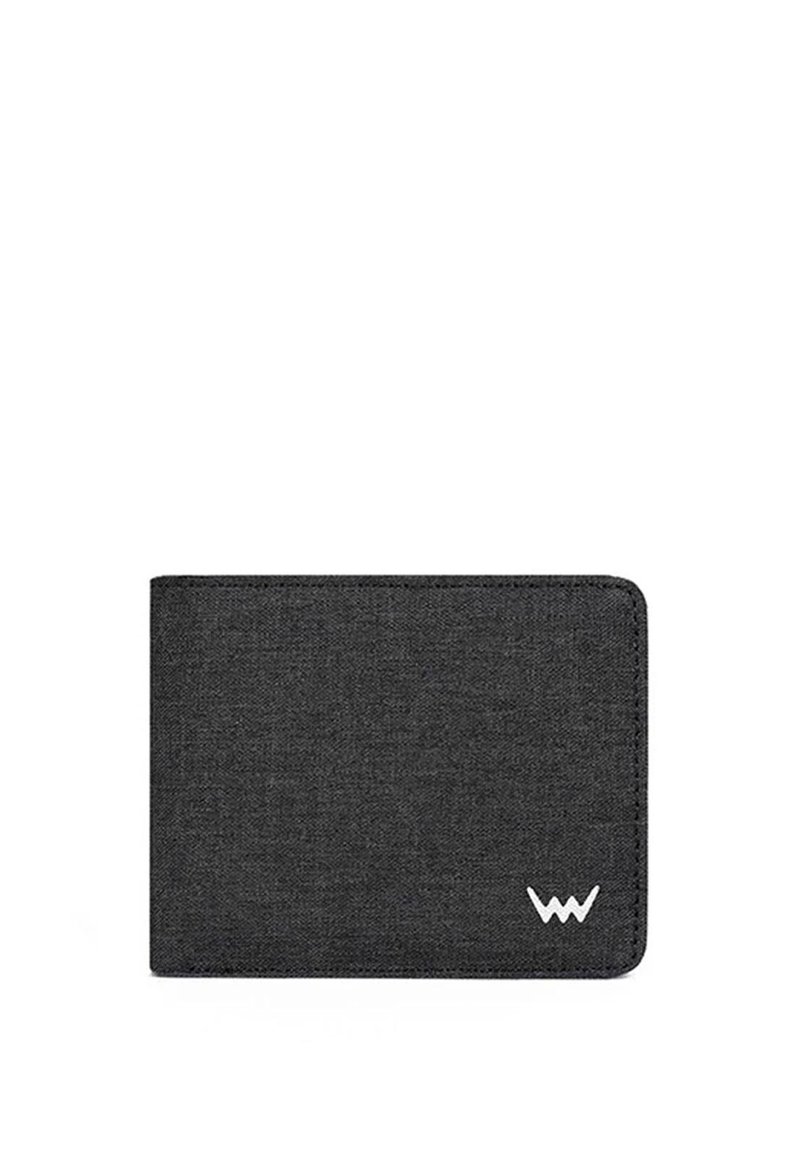 Gray fabric wallet with a smooth texture, rectangular shape, rounded edges, and a white logo in the bottom right corner.