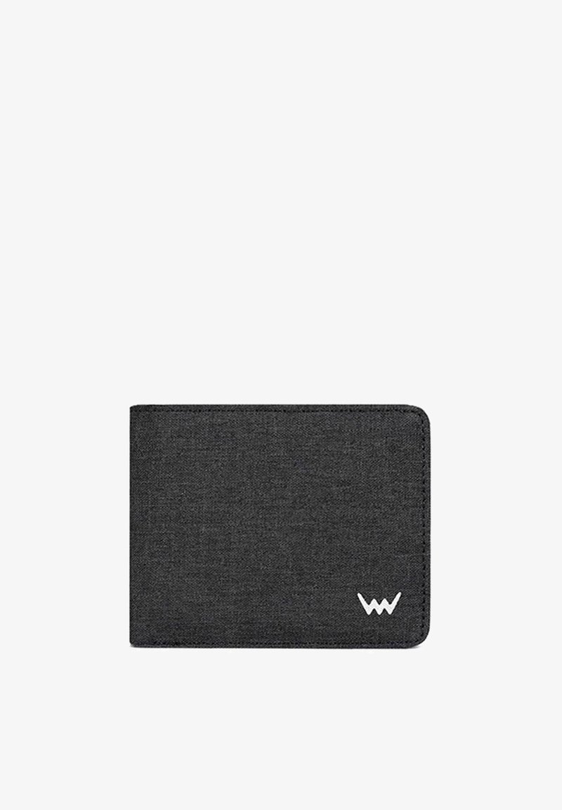 Gray fabric wallet with a smooth texture, rectangular shape, rounded edges, and a white logo in the bottom right corner.